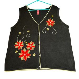 Vintage Christmas Poinsettia Sweater Vest Womens XXL‎ Knit Holiday Party Top